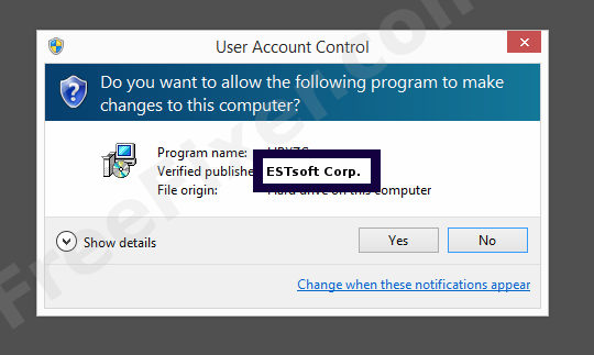 Screenshot where ESTsoft Corp. appears as the verified publisher in the UAC dialog